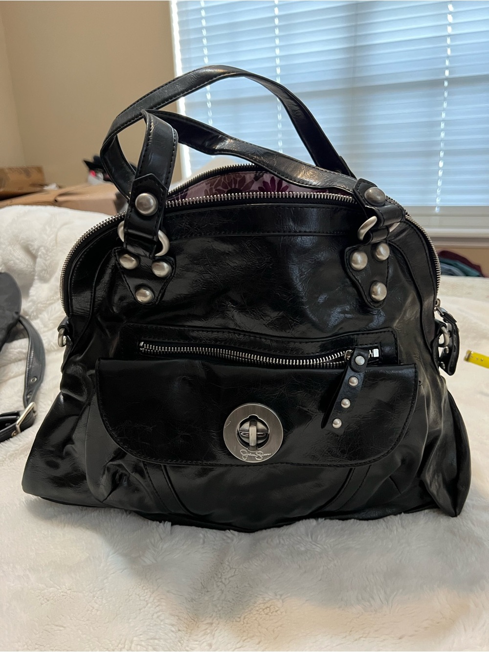 Jessica Simpson Black Leather-Look Satchel with Turn-Lock Accent